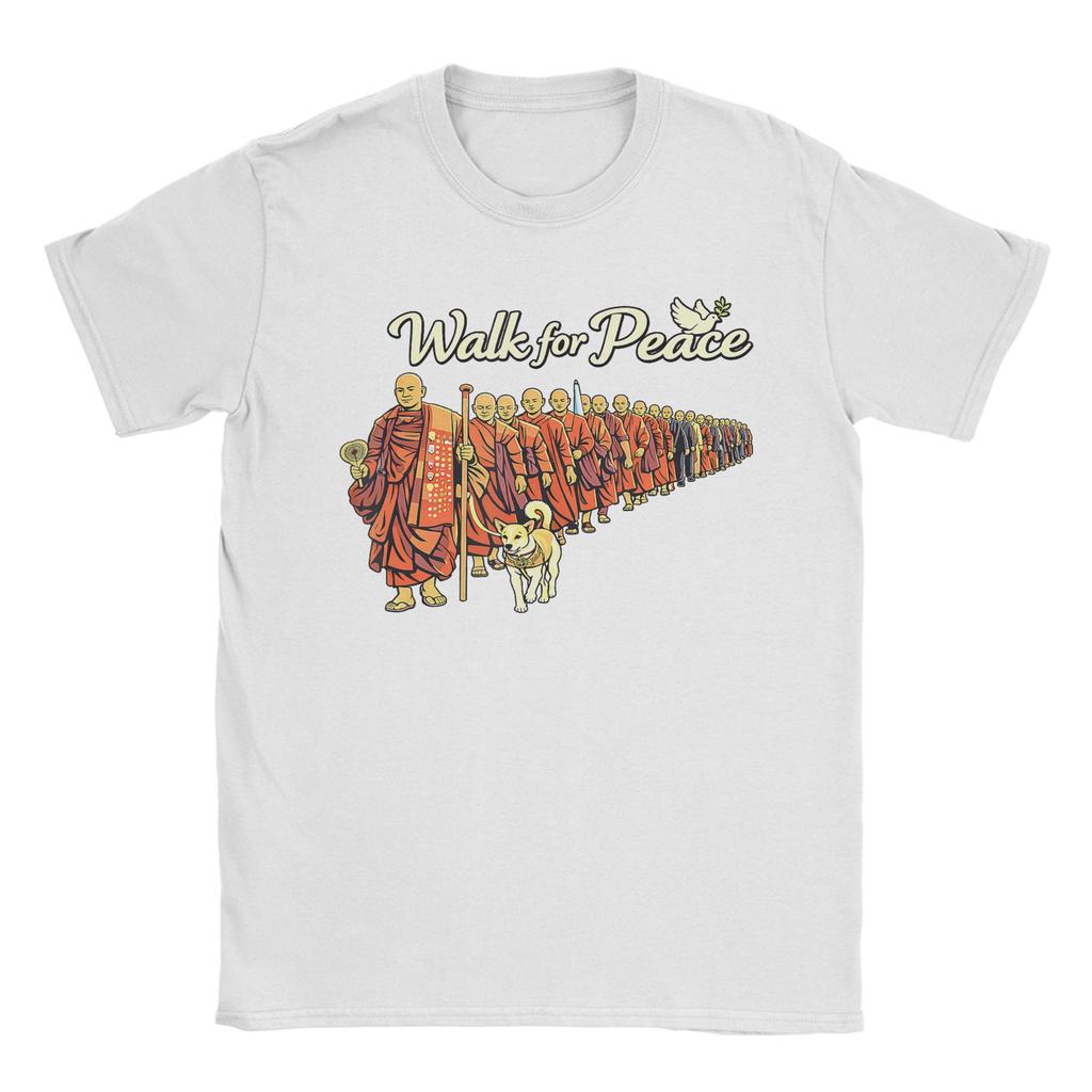 Retro Walk for Peace Monks with Aloka Dog Minimalist Zen Art TShirt Cotton T Shirts For Couple Tee Shirt ShortSleeve Top Tees