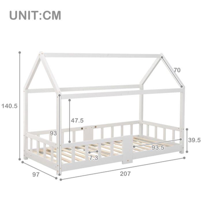 Lit d'enfant 90 x 200 cm lit en bois avec étagère, sommier à lattes, protection contre les chutes, en pin (sans matelas)