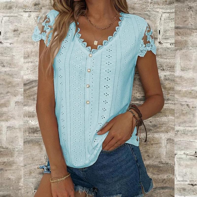 Sommer Damen T-Shirt Mode Lose Einfarbig Spitze V-Ausschnitt Kurzarm T-Shirt Tops S hellblaue
