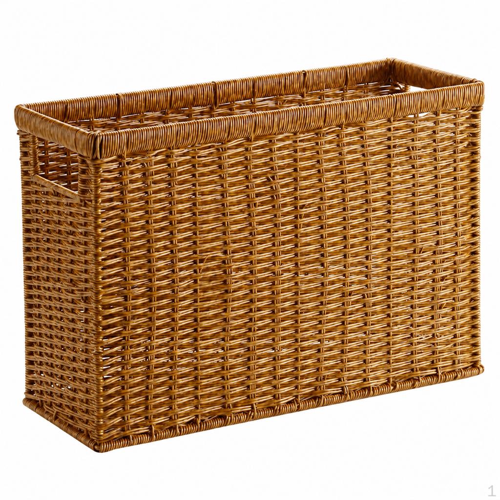 Woven Storage Baskets, Rectangular Wicker Basket with CutOut Handles, Tan Synthetic Rattan for
