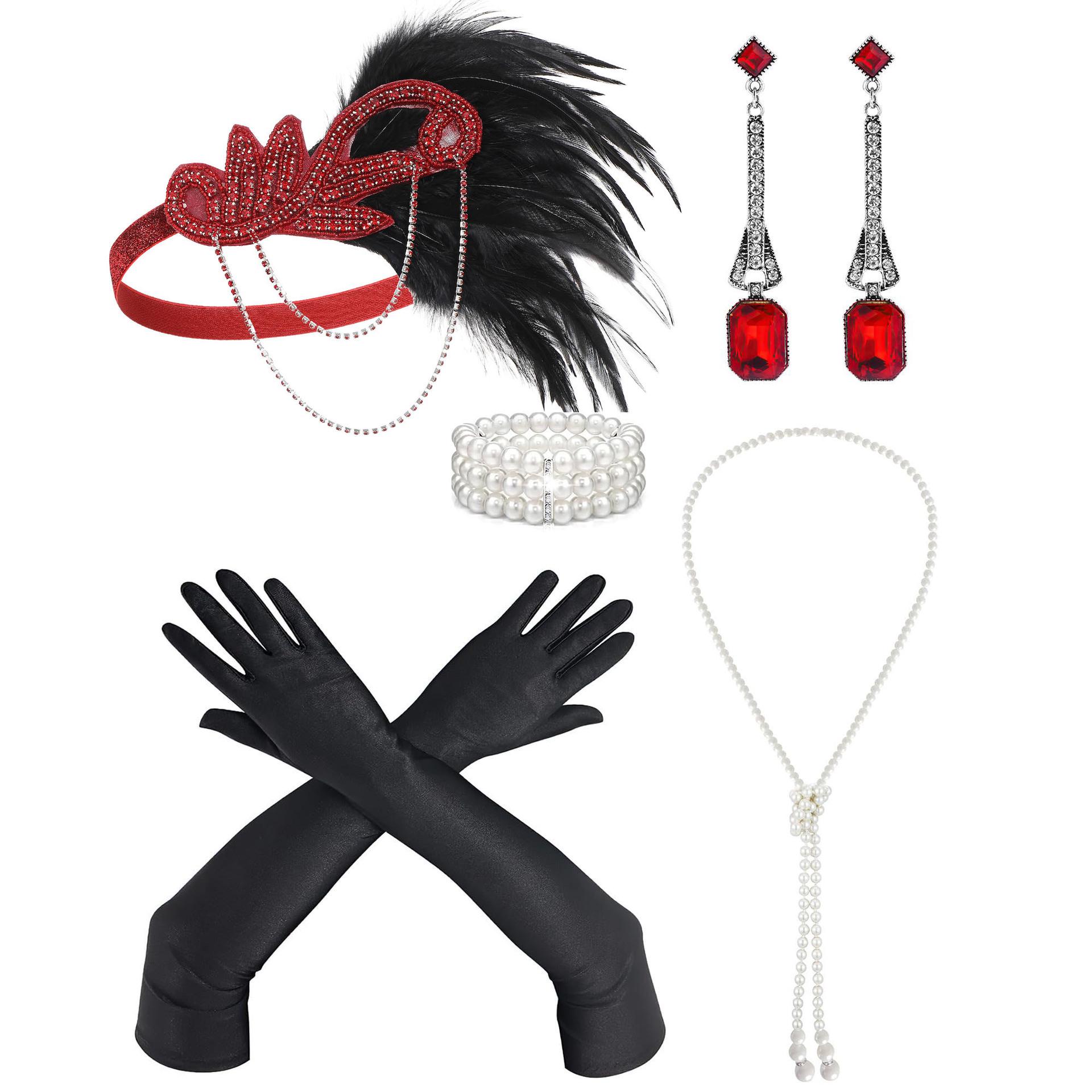 1920s Flapper Gatsby Set: Headband, Earrings, Gloves, Necklace & Bracelet красный