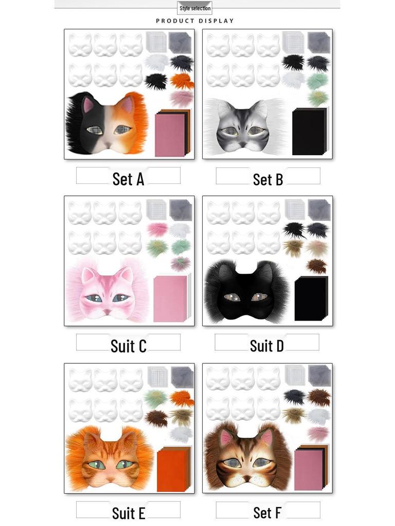 Kit Maschera Facciale Fai-da-te Gatto: Maschera Bianca, Tessuto in Ecopelliccia, Pennello e Rete