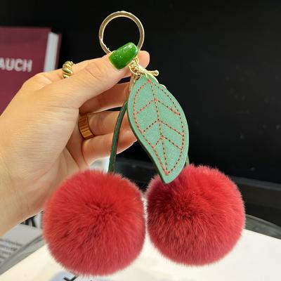 Echtes Rexkaninchenfell Kirsch Auto Schlüsselanhänger Anhänger Internet-Berühmtheiten Ins Niedlicher Pompon Taschenanhänger Geburtstagsgeschenk