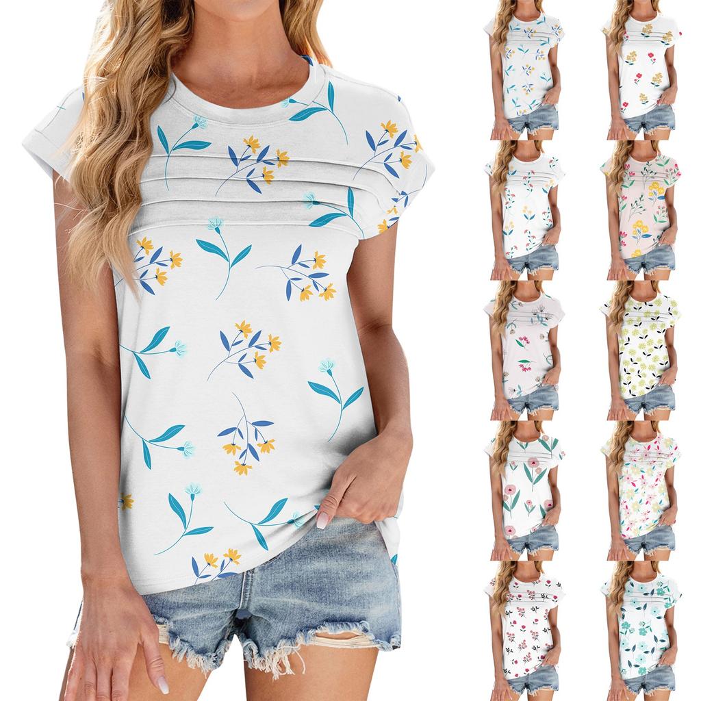 Damesmode Casual Basic Textuur Bloemenprint Ronde Hals Korte Mouwen Top met Kapmouwtjes