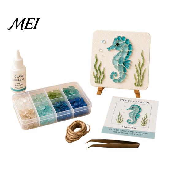 Nautical Beach Theme Craft DIY Sea Glass Art Mosaic Kit, Ocean Animal Themed Set for Adults Environmental Friendly Materials Beginner, Handmade
