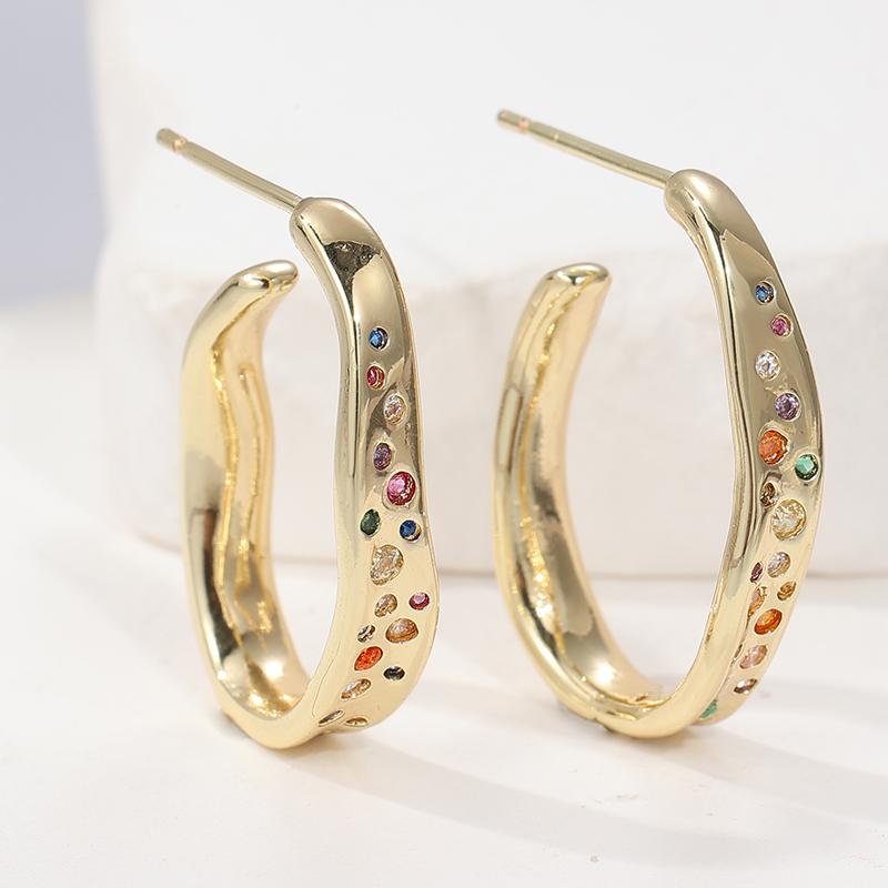 Concise Inlaid Multi-color Synthetic Zircon Irregular Hoop Earrings Women's Elegant Golden Plated Wedding Jewelry Crafts