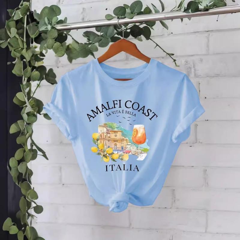 Dámská bavlněná trička s krátkým rukávem, kulatým výstřihem a potiskem