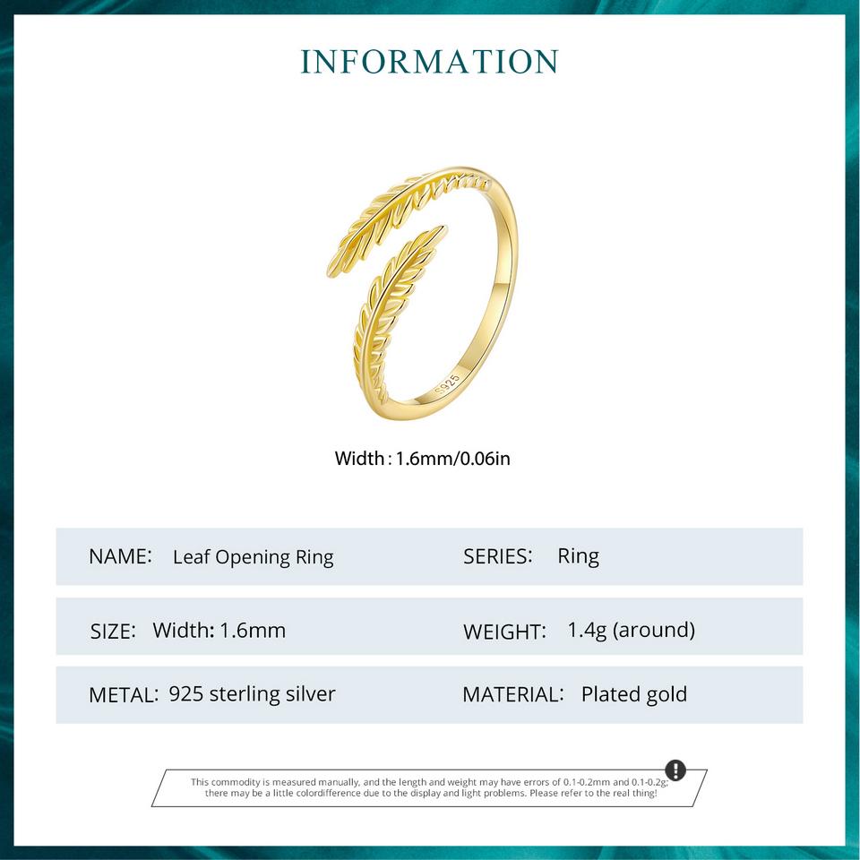 Inel de deschidere cu frunze de aur din argint 925 BAMOER, inel reglabil cu frunze simple, pentru femei, bijuterii fine șic