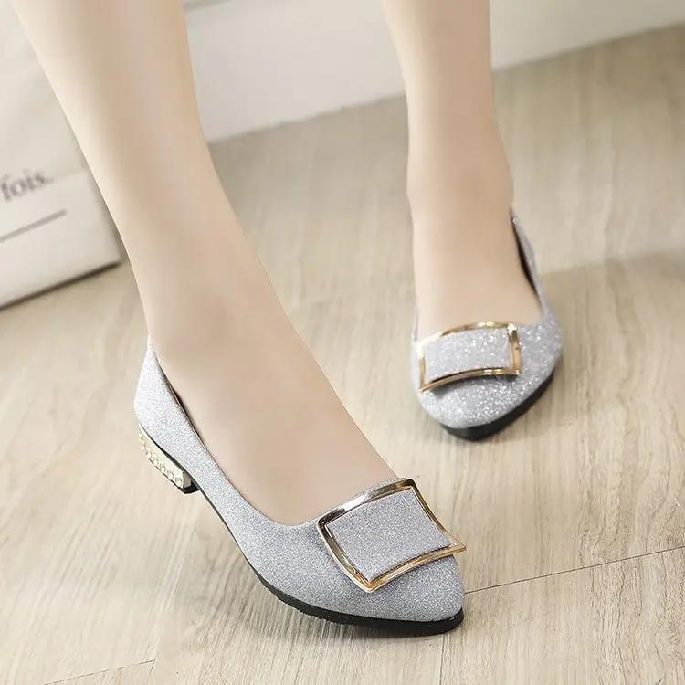 Shoes Women Women Sequins Shallow Square Buckle Slip On Low Heel Shoes Pointed Single Shoes Lady Leather Thick Single
