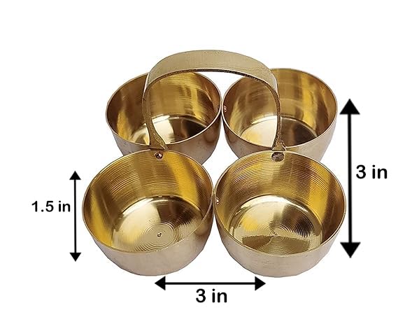 RSINC Brass Metal Puja Roli Chawal |Elaichi Mishri | Chopda for Mandir | Chowmukh Haldi Kumkum Holder 4 Bowl Stand Holder Patra- Gold Brass Chomukha