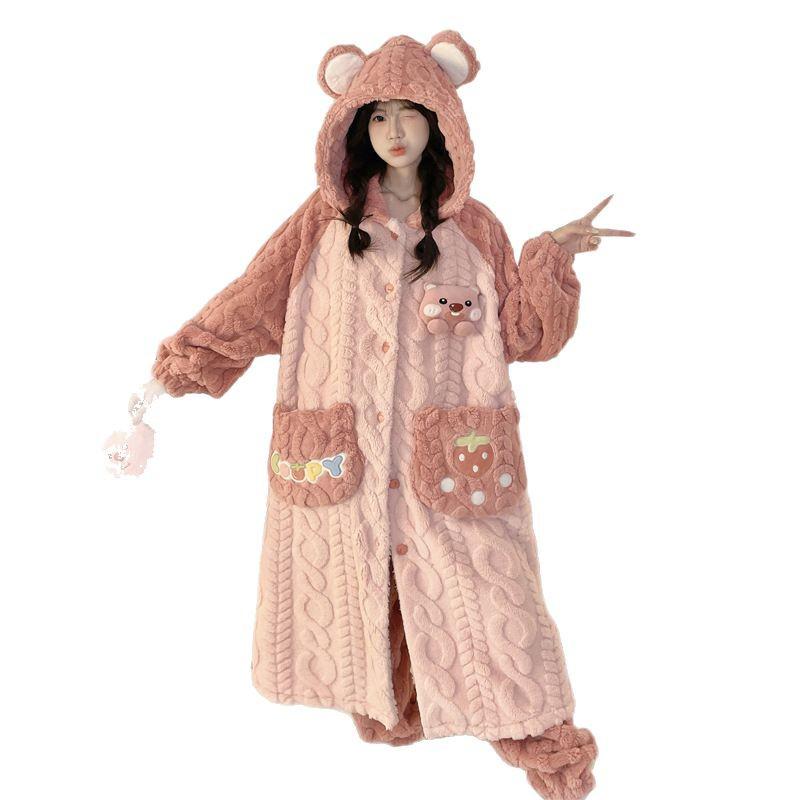 Women's Winter Plus Velvet Coral Fleece Nightgown - Cute Thick Flannel Home Wear