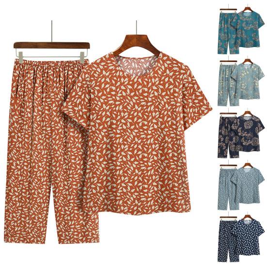 2Pcs/Set Women Pajamas Set Floral Print Short Sleeve Elastic Waist Wide Leg Pleated Trousers T-shirt Pants Set Mid-aged Grandmother Homewear Set