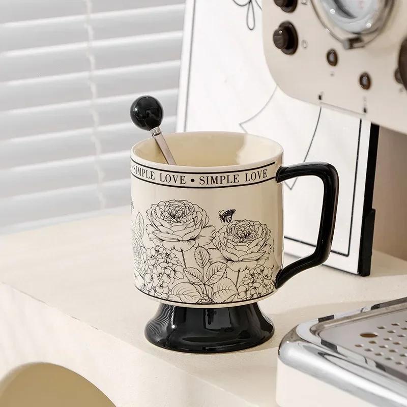 1pc 430mL Vintage Ceramic Mug with Spoon Rose Garden Coffee Tea Fruit Juice Milk Tall Cup Present Office Home Drinking Utensils