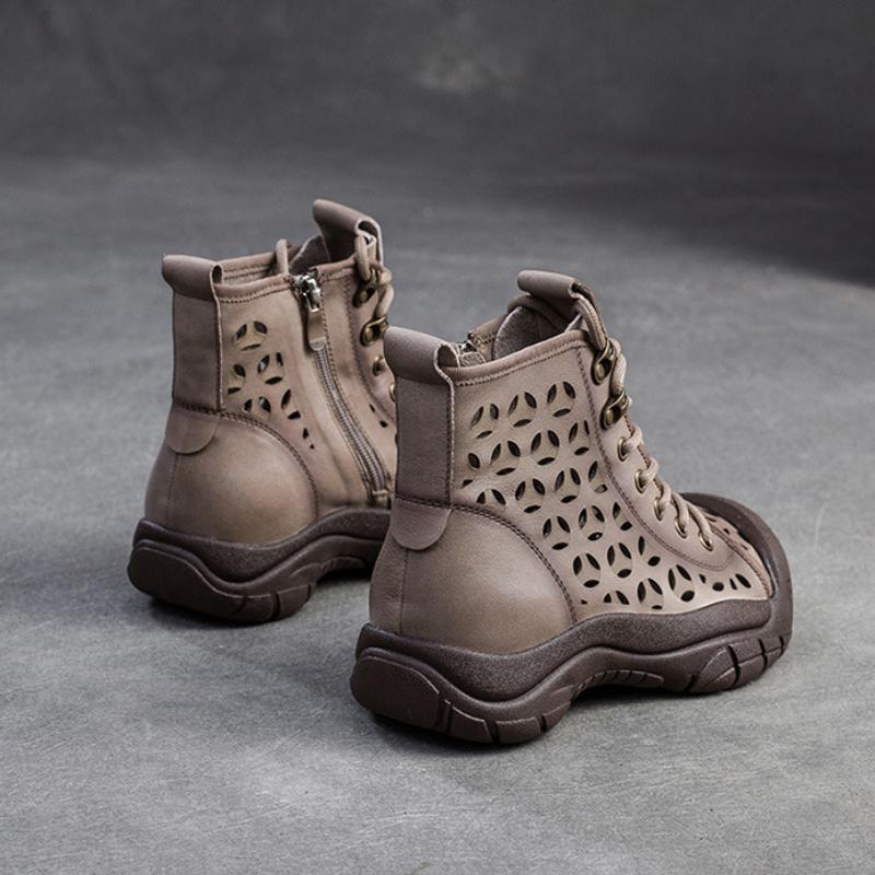 Johnature Damenschuhe aus echtem Leder, weiche Sohle, hohle Sommerstiefel, vielseitige, atmungsaktive Vintage-Sandalen