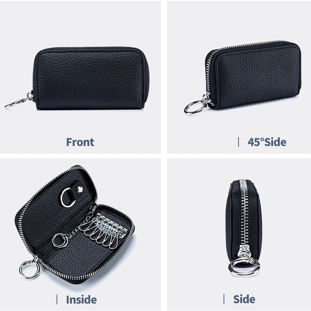 RenLianyi Smart Car Key Case, Integrated Genuine Leather Card Case for Men and Women, with 6 Hooks, Key Holder, 2 Card Slots, and Carabiner, Green