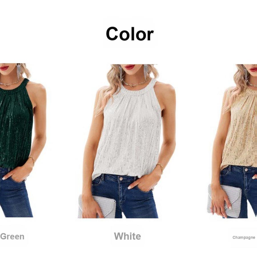 Summer New Solid Hanger Neck Style Women's Shiny Sequins Soft Stretch Backless Vest