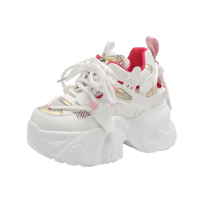 Fashion New Spring Mesh Sneakers Women Bling Platform Sports Shoes Woman Goth Thick Bottom High Heels Female 8CM Summer Hollow Sneakers
