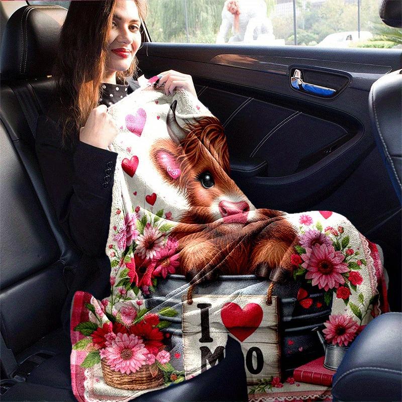 1pc Highland Cow Printing Lightweight Flannel Blanket, Comfortable and Warm Blanket, for Camping Sofa Bed and Couch Office, in All Seasons