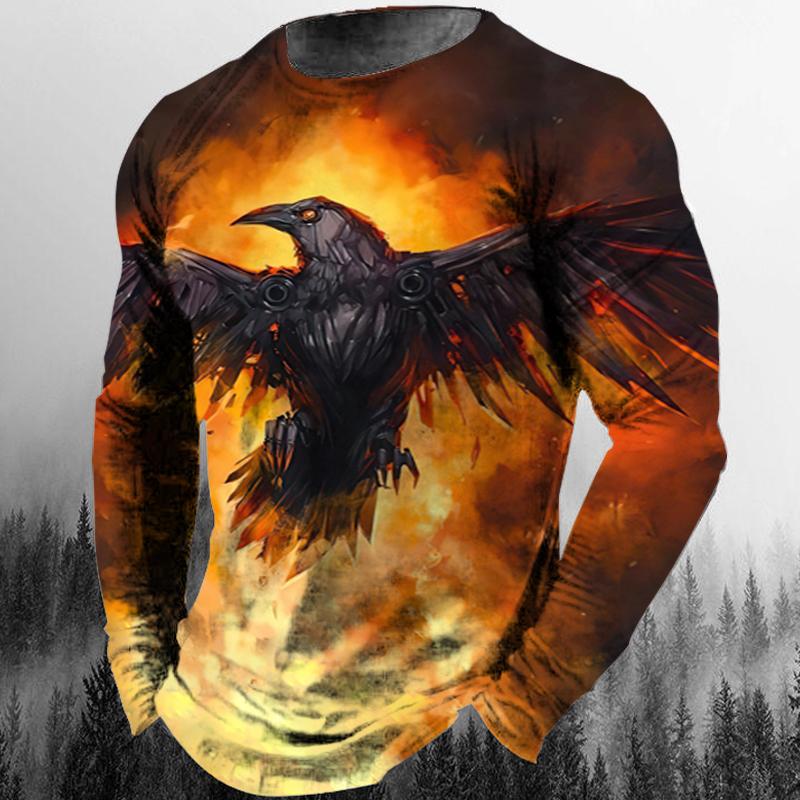 Spring and Autumn Round Neck 3D Animal Eagle Graphic Printed Top Fashionable Casual Hip Hop Long Sleeved Men's T-shirts