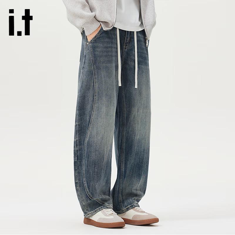 Izzue Men's American High Street Loose Straight Denim Jeans