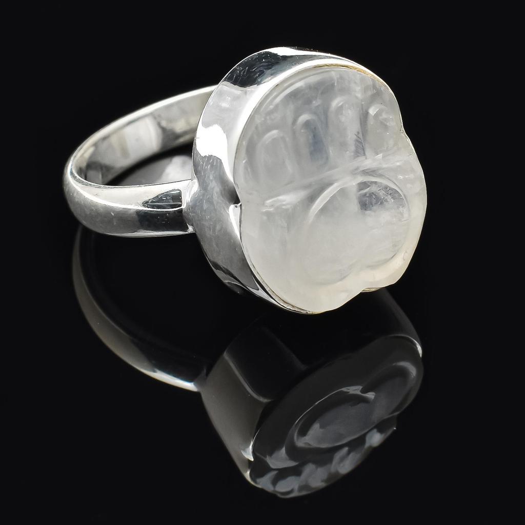 Natural Heart Shape Carving Rainbow Moonstone 925 Sterling Silver Ring For Unisex Size 5 To 12