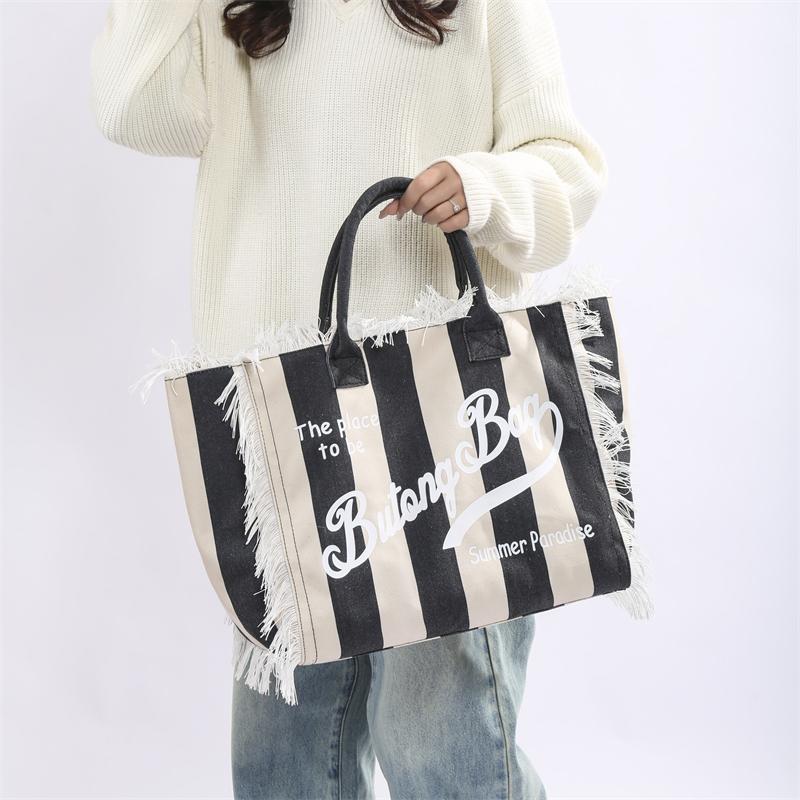 Striped Women's Tote Bag Contrast Color Letter Large Capacity Shoulder Bag Commuter Underarm Bag