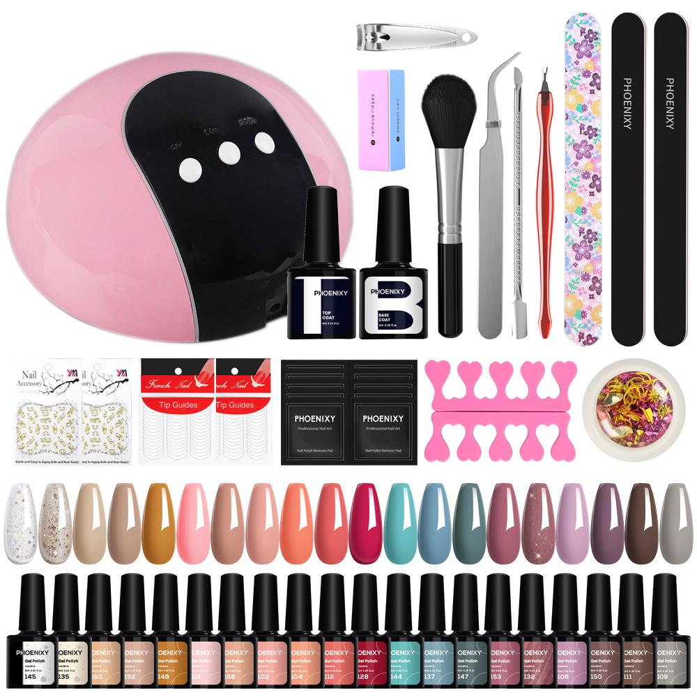 PHOENIXY Gel Nail Polish Kit with U V Light Soak off Base Top Coat Gel Polish Colors Gel Nail Kit Bright and Dark Brown Wine Red Series Manicure Set