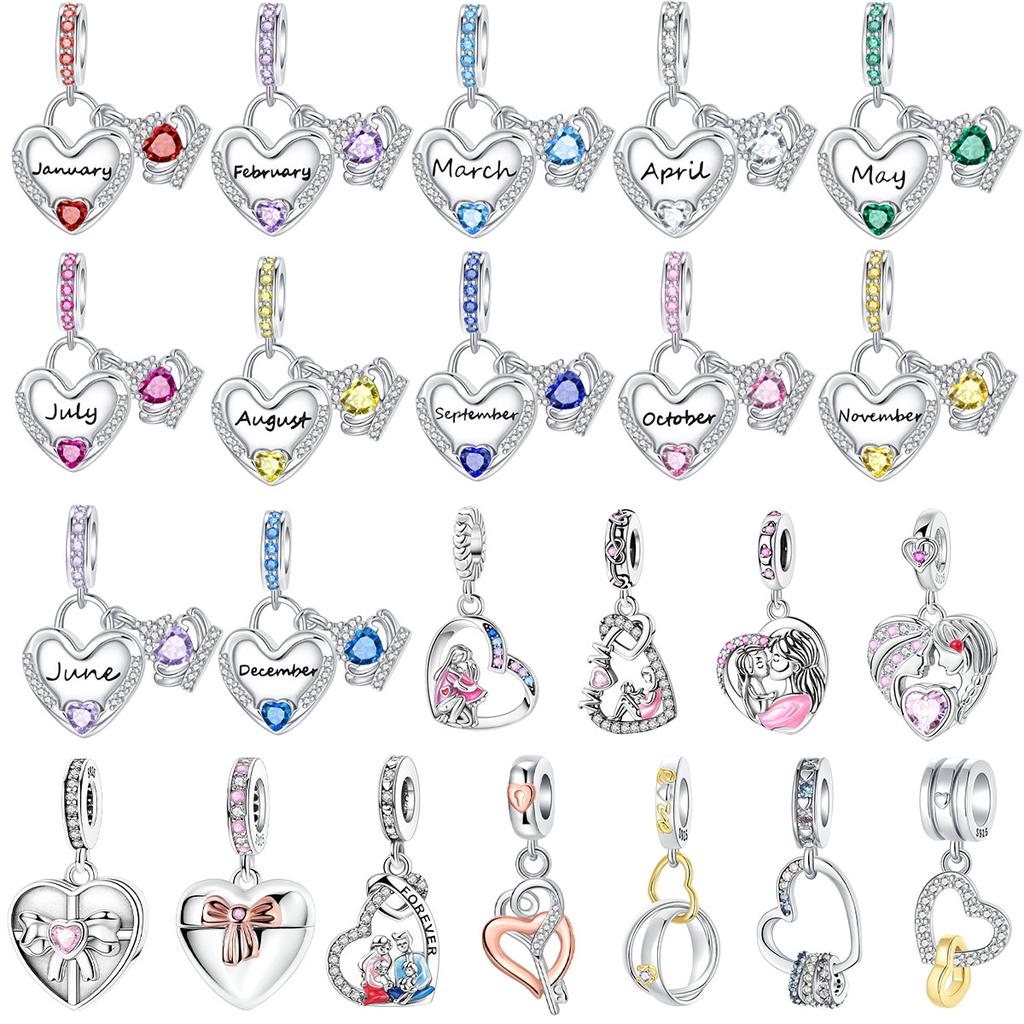 Sparkling Birthstone Charms Copper Heart Mom Key Pendant Bead Fit Original Necklace Bracelet Women Jewelry Diy Gift
