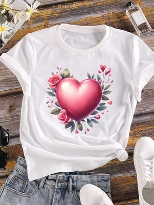(Asiatische Größe) Damen T-Shirt Oberteil Kleidung Liebe Süße Blume Damen Lässig Kurzarm T-Shirt Mode Druck Dame Weiblich Grafik T-Shirts