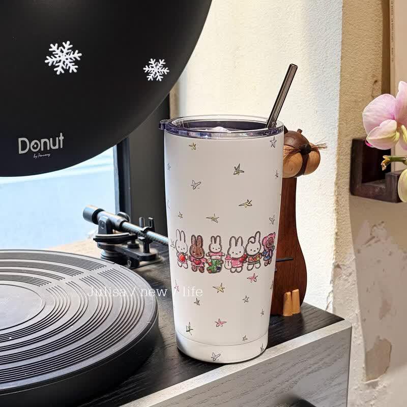 Qiwei Baby Pink Insulated Straw & Direct Drink Water Bottle with Animal & Floral Design
