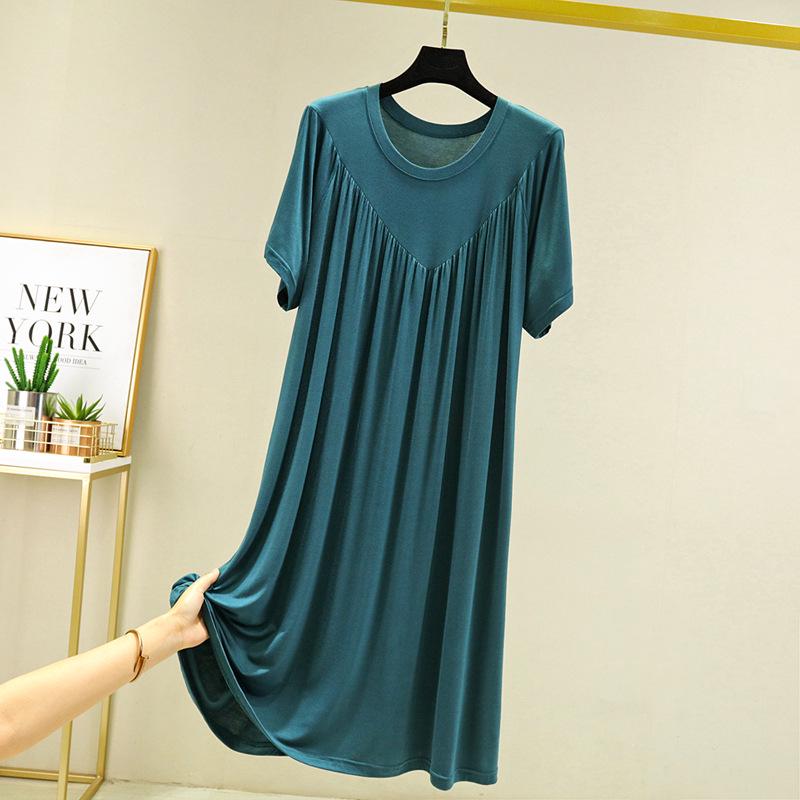 Plus Size Summer Modal Nightdress: Loose, Short-Sleeve V-Neck Pleated Long Home Dress
