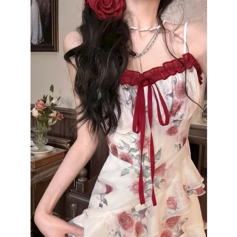 French Ruffle Floral Camisole Dress - Irregular Stunning Seaside Style, Waist-Cinching, Summer Vacation-Ready.