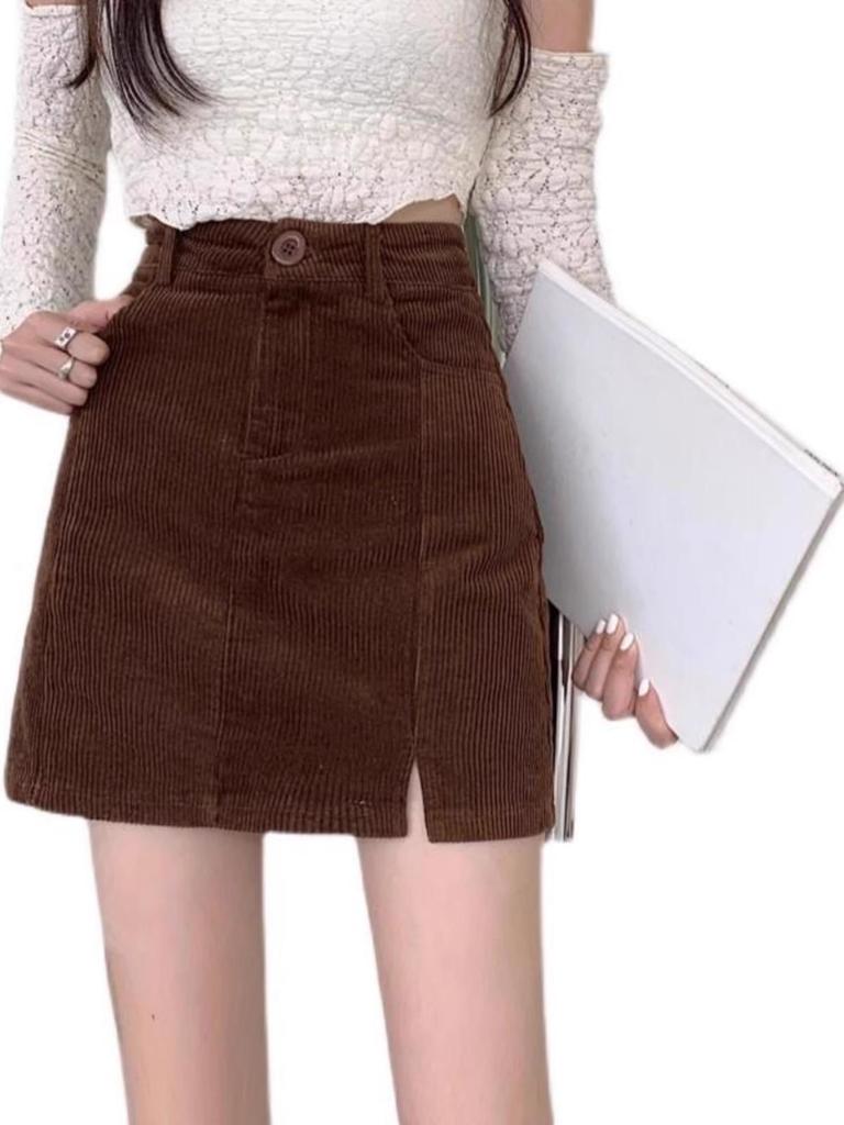 Women's High Waist Corduroy A-line Skirt – Autumn/Winter, Plus Size, Slimming Bodycon, Coffee Color, Petite