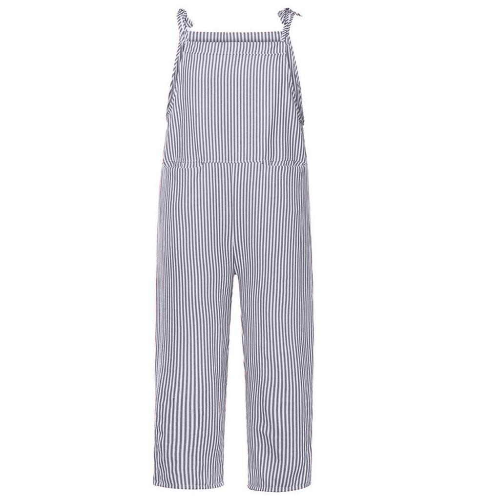 Women's Casual Fashion Pocket Tie Sleeveless Striped Jumpsuit