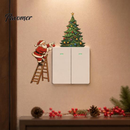 Holiday Interior Ornaments Christmas Santa Claus Light Switch Sticker, Waterproof PVC Decal, Self Seasonal Room Decorations Adhesive Wall Art