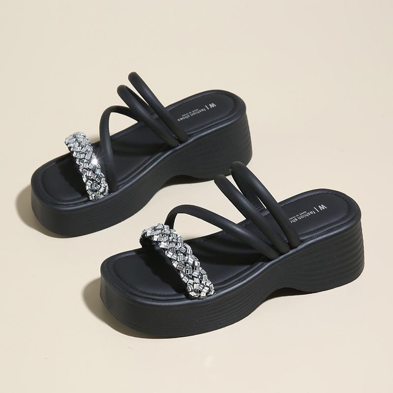 CRLAYDK Wedge Sandals for Women Comfortable Casual Walking Beach Rhinestone Slide Shoes Ladies Outdoor Indoor Platform Slippers