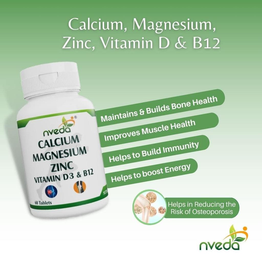 Nveda Calcium Supplement 1000 Mg with Vitamin D3 Magnesium Zinc K2 B12 for Bone Joint & Immunity Support Pack of 2X 60 Tablets