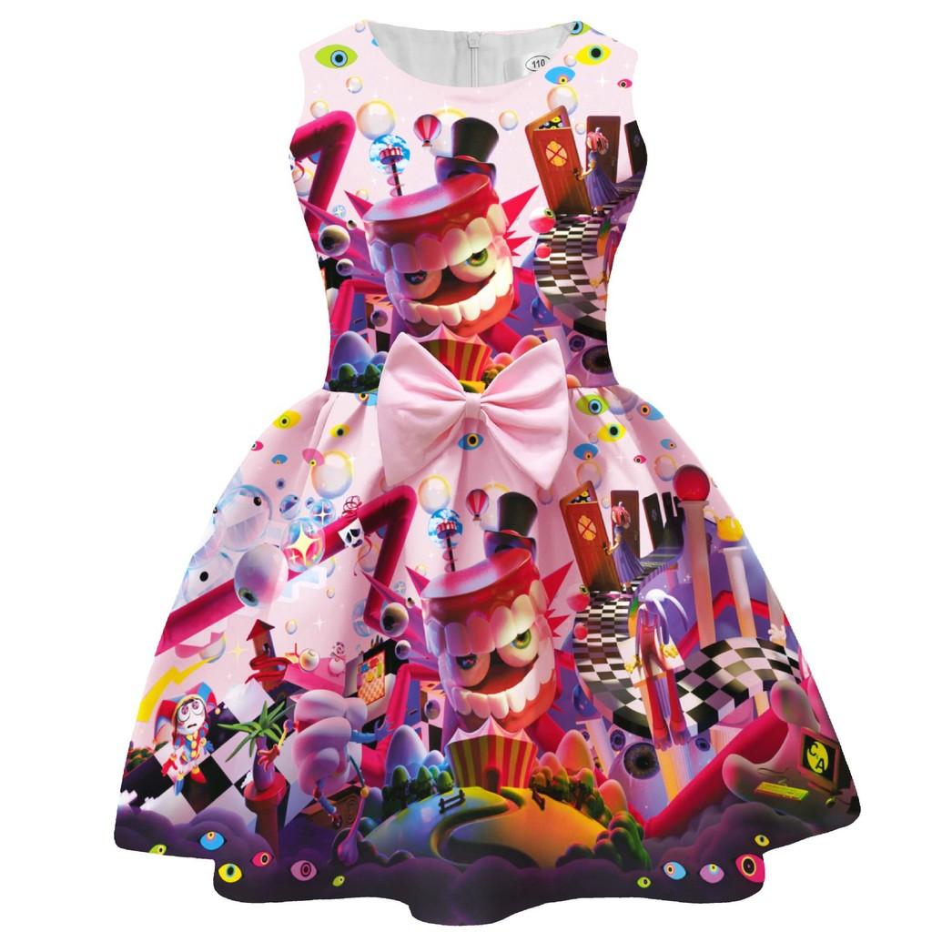 94262 Kids Girls Anime Cartoon The Amazing Digital Circus Printed Bow Sleeveless Dress