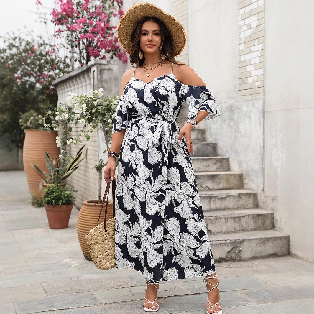 

2025 Весенне-летняя отпускная мода Платье-комбинация с разрезом - Европейский и американский дизайн 1XL чёрный