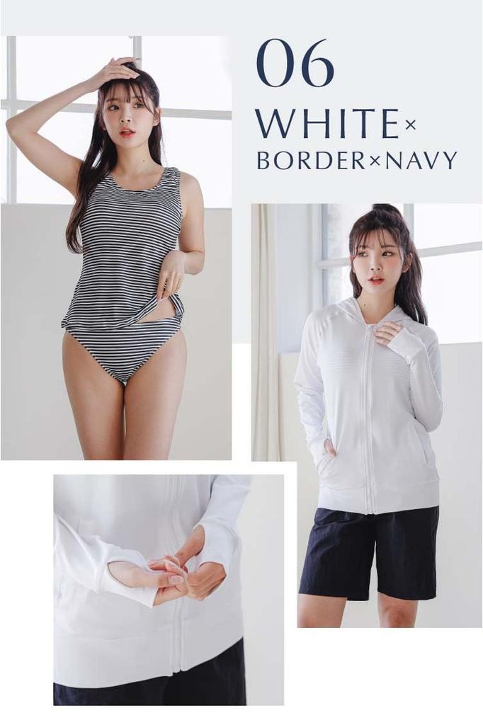 Swimsuit Rashguard Body Cover Tank Top Shorts Set Long Sleeve Sun Protection UV Protection 6 White x Border x [COTARON] Women's 4-Piece (LL, Navy)