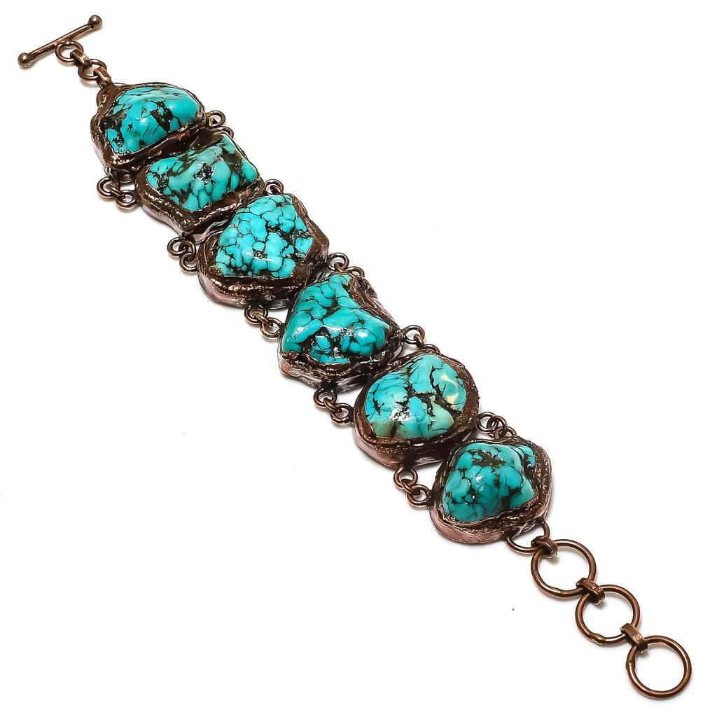 Turquoise Tumble Gemstone Copper Electroformed Jewelry, Handmade Jewelry Adjustable Chain Bracelet Gift For Love