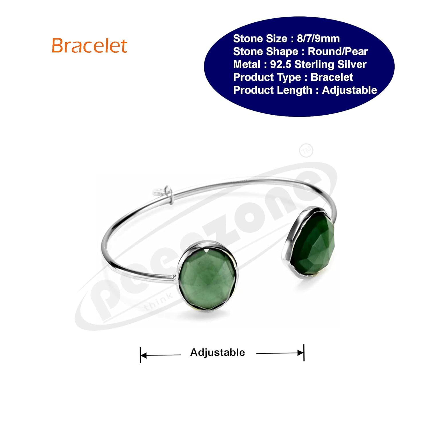 

Браслет из стерлингового серебра 92,5-925 пробы, свободный размер, изумрудный круглый грушевидный безель, браслет для женщин и девочек