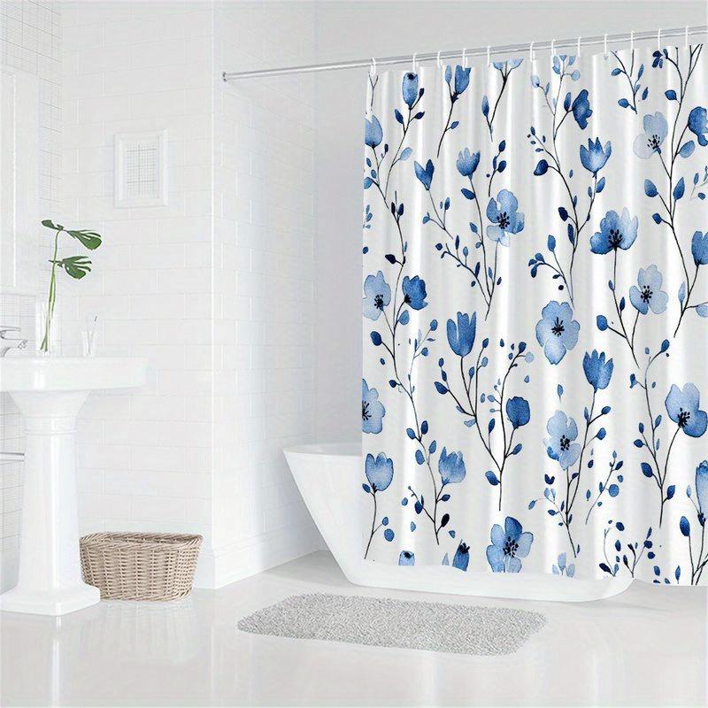 1pc Blue Floral Shower Curtain -Simple Watercolor Design with Gradient Petals and Oval Leaves Polyester Fabric, Machine Washable