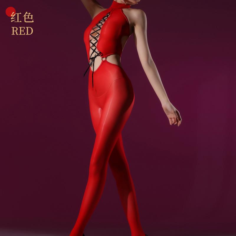Qing Homer Oil Onesie Oily Sexy Black Stockings Sexy Cross Strap Seduction Crotch Drill Chain Uniform Underwear