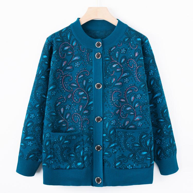 Strikket cardigan for eldre og middelaldrende kvinner høst og vinter, løs genser i pluss-størrelse for eldre og mødre, ny høstkåpe med rund hals