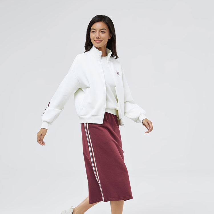 Skechers Retro Color Block Striped Warm Fashion Comfortable Stand Collar Zip Jacket Women Jackets White L324W021-0074