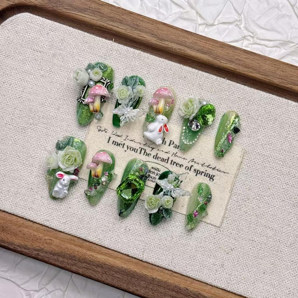 Square Press On Nails Almond Fake Nails French Tip False Nails with 3D Design Full Cover Acrylic Glue On Nails Artificial Stick On Nails for Women