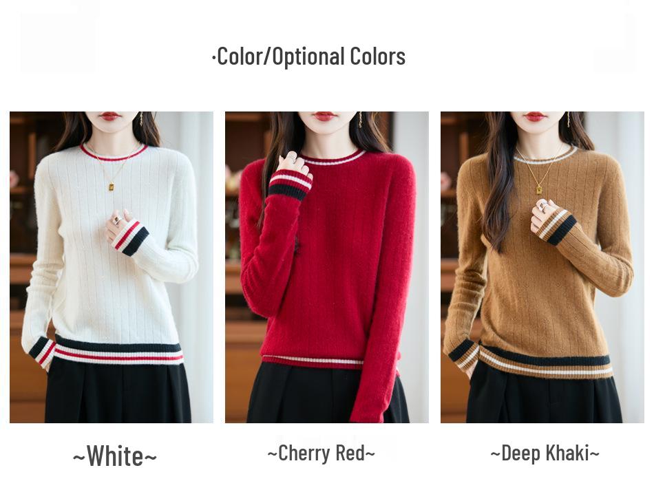 Women's 100% Pure Wool Color Block Round Neck Long Sleeve Seamless Sweater - New Autumn/Winter Style