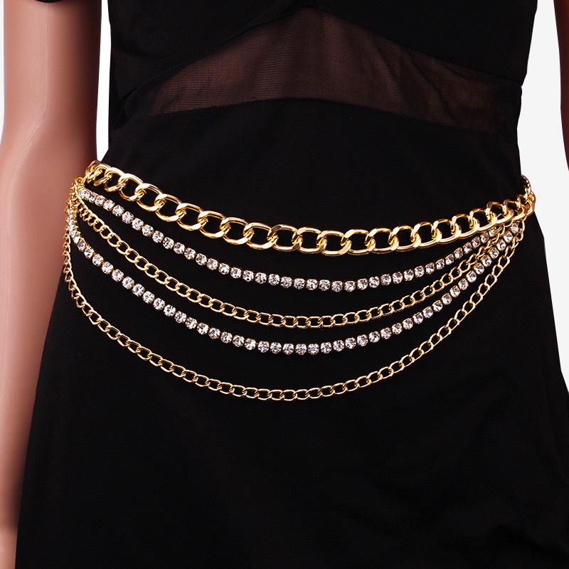 Sparkling Multilayered Metal Waist Chain Rhinestone Decor Golden Silvery Metal Chain Punk Dress Girdle For Women