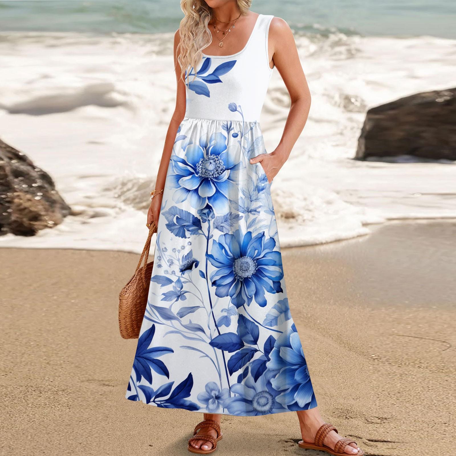 

Женское летнее платье макси 2024, повседневное платье без рукавов с цветочным принтом и квадратным вырезом, струящиеся длинные пляжные элегантные сарафаны на бретелях с карманами XL